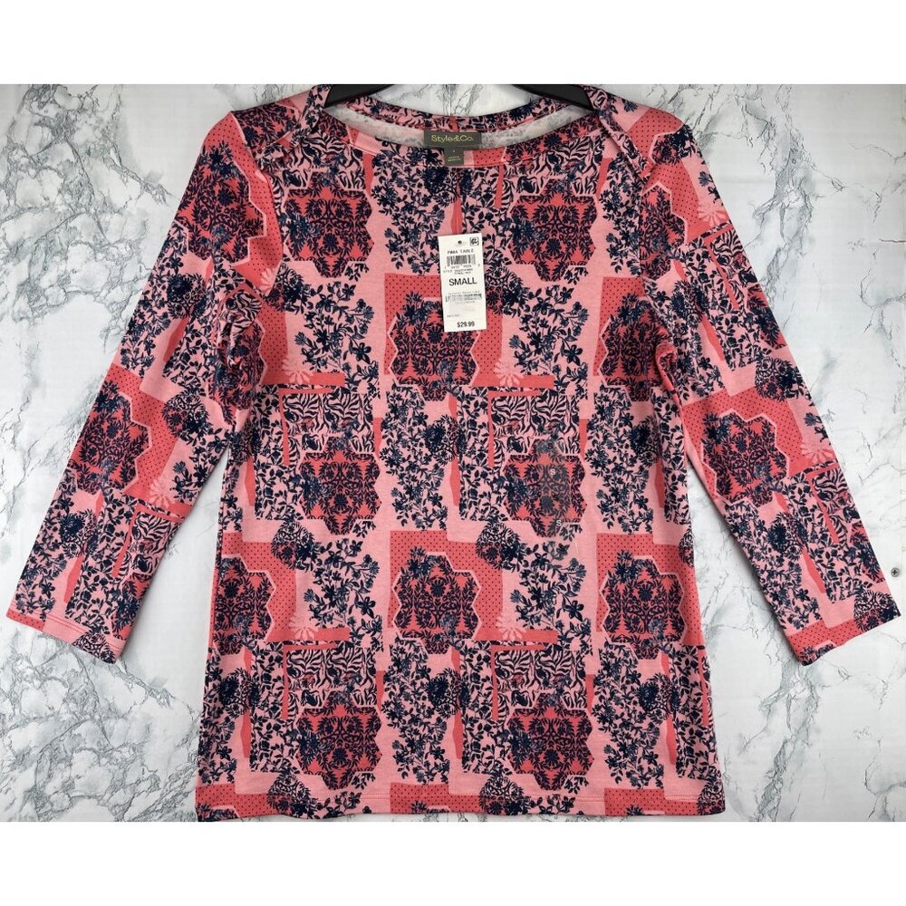 Style & Co. Womens Size Small Pima Cotton Tonal Red Floral Print Top